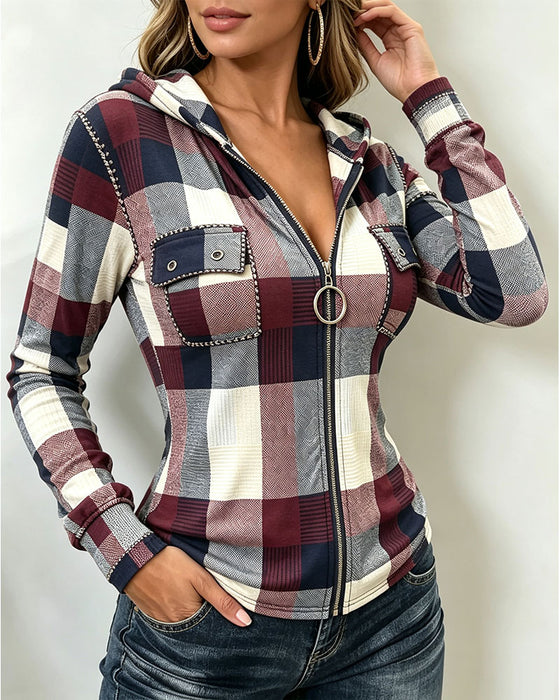 Hooded Zip Plaid Coat