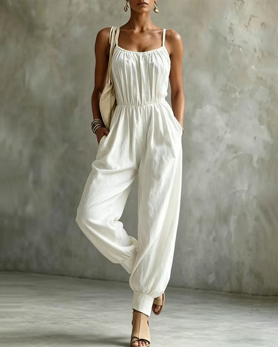 Spaghetti Strap Pleated Waist-Cinching Wide Leg Jumpsuit