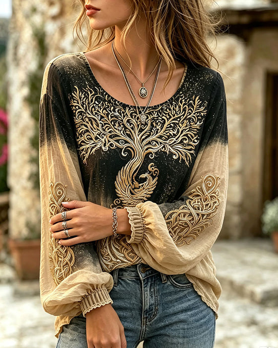 Round Neck Gradient Bubble Sleeve Top