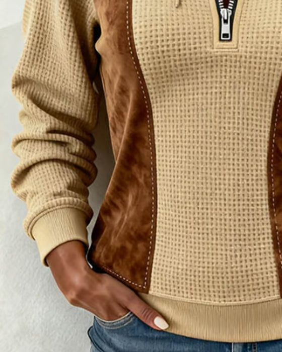 Hooded Zip Waffle Color Block Sweatshirt
