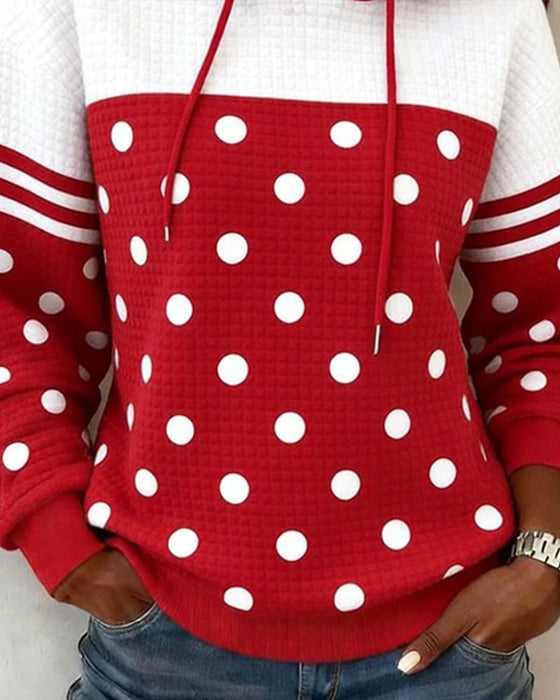 Polka Dot Color Block Drawstring Hoodie