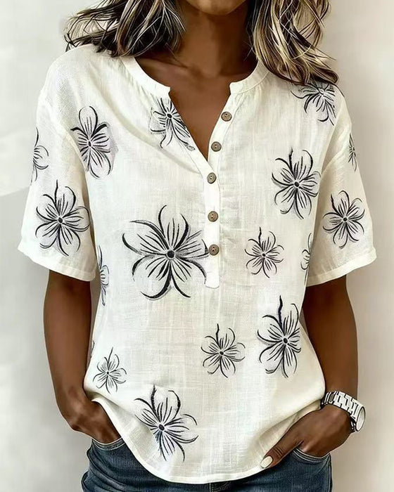 Crew Neck Button Down Floral Casual Blouse