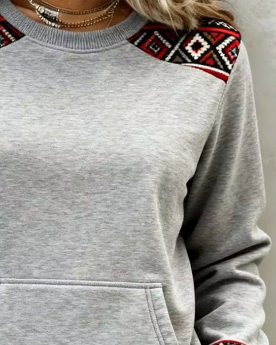 Crew Neck Argyle Color Block Pocket Sweatshirt