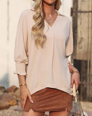 V-Neck Loose Fit Three-Quarter Sleeve Blouse