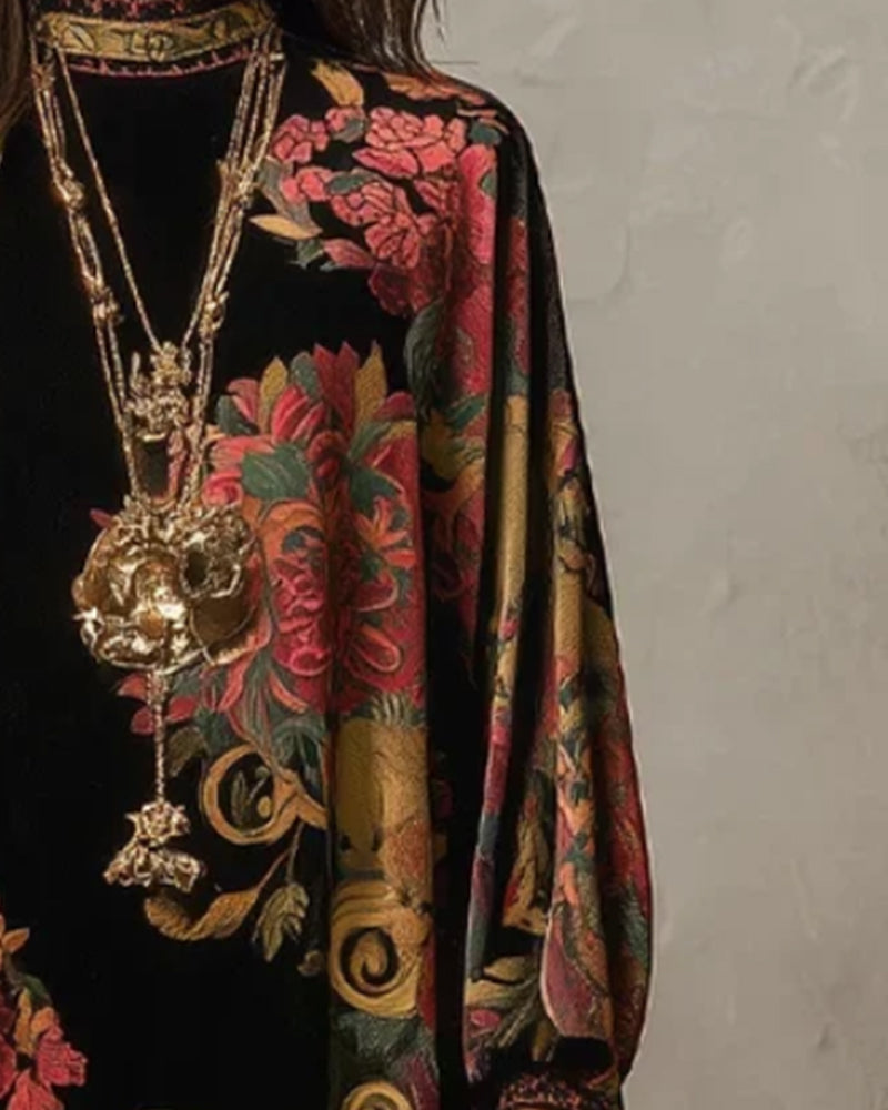 Mock-Neck Floral Velvet Long-Sleeve Maxi Dress