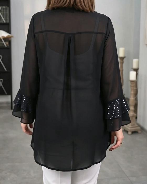 Lapel Buttoned Ruffle See-Through Top