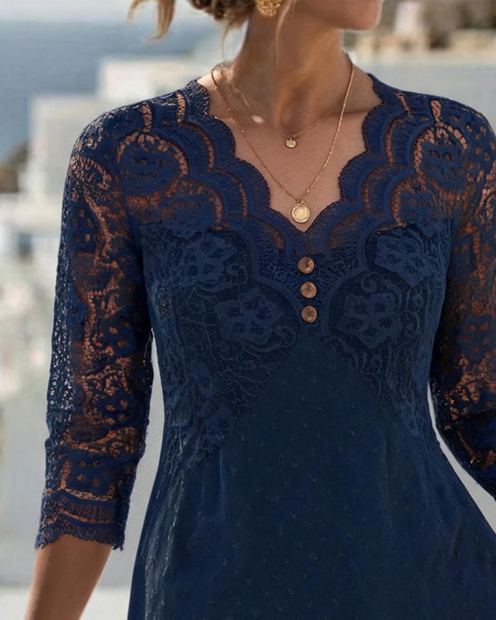 V-Neck Lace Patchwork A-Line Dress