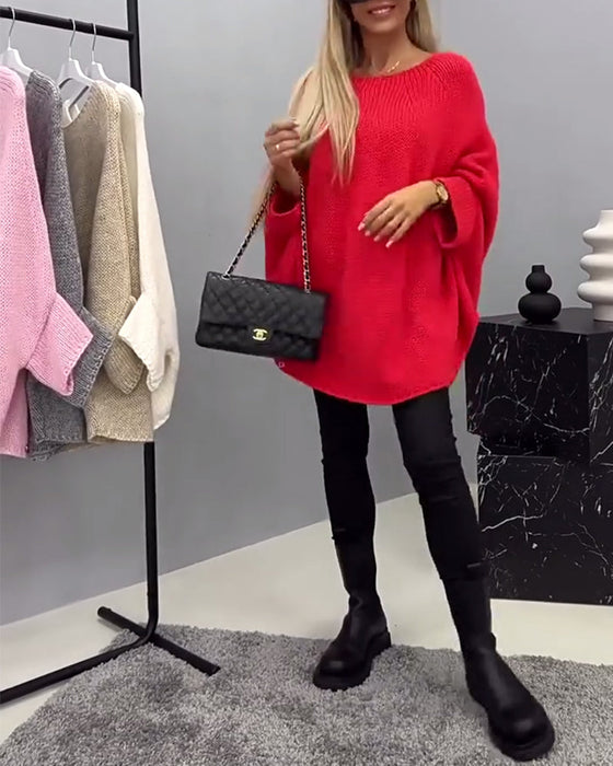 Fashion solid color bat sleeve round neck pullover