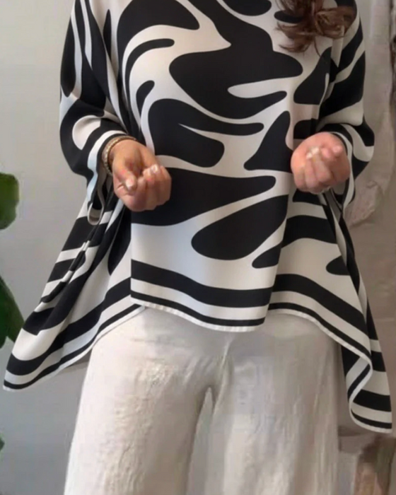 Zebra Pattern Bat Sleeves Round Neck Blouse