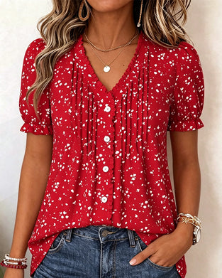 V-Neck Pleated Tiny Floral Blouse