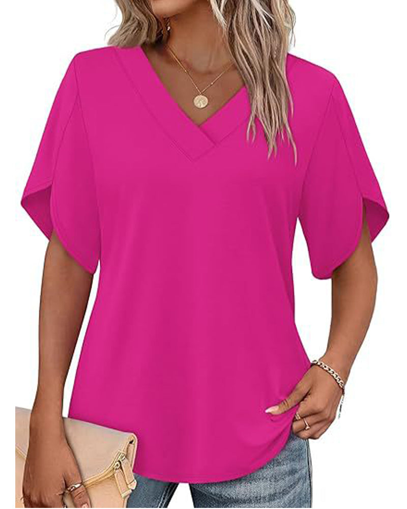 V-Neck Small Slit Short Sleeve Solid T-Shirt