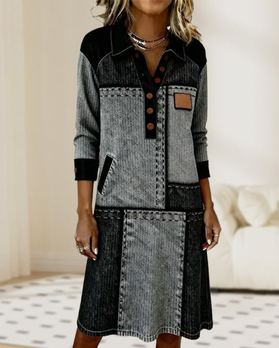 Button Lapel V-Neck Color Block Fashion Dress