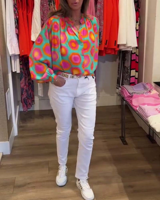 Colorful geometric print stand collar shirt