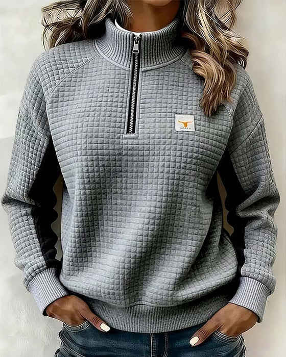 Stand Collar Waffle Color Block Sweatshirt