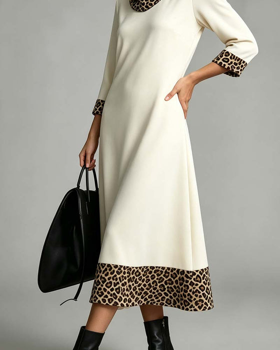 Slouchy Mock Neck Leopard Elbow-Length Sleeve Dress
