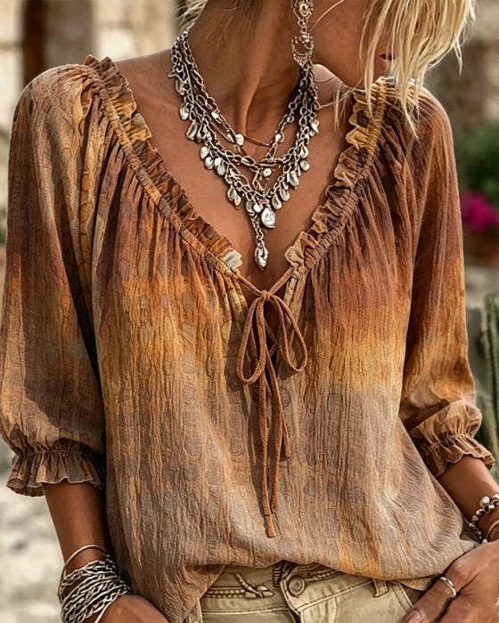 V-Neck Gradient Lace Up Blouse