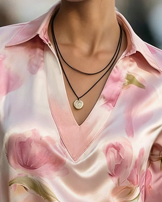Lapel V-Neck Floral Print Long Sleeve Blouse