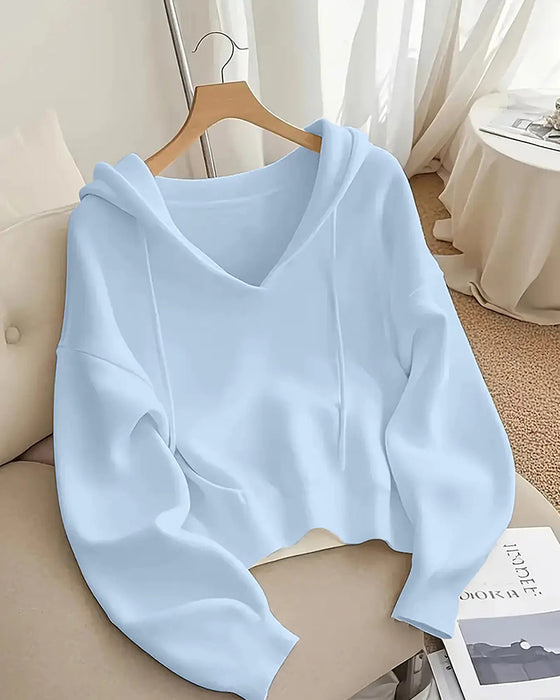 Cropped V-Neck Hooded Pullover
