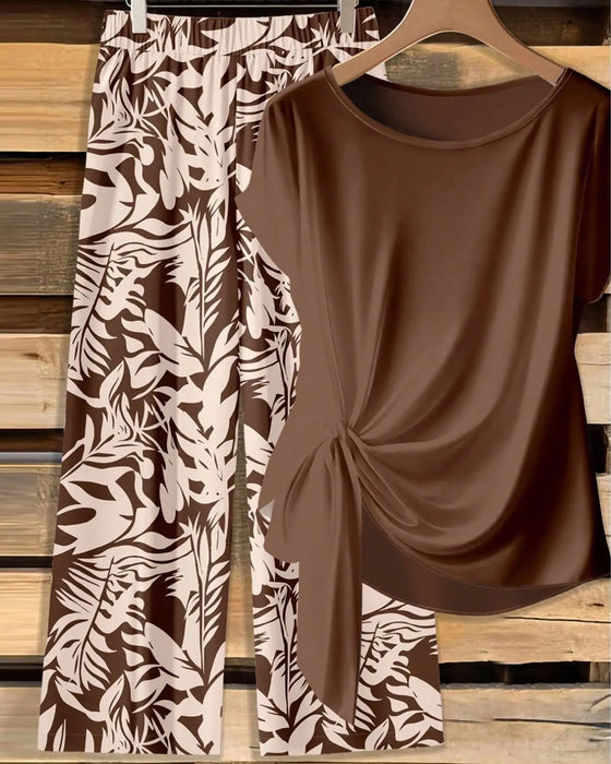 Knot Blouse Print Wide-Leg Pants Set