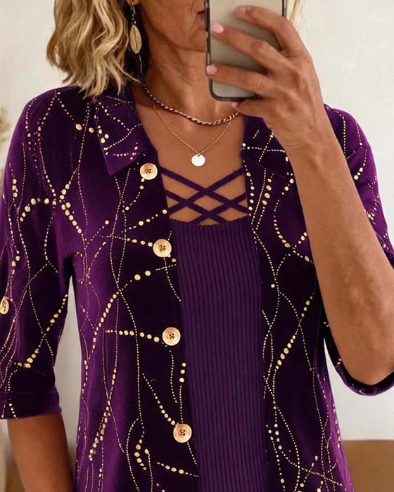 Lapel Button Front Cross Over Mock Layered Blouse