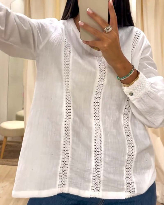 Fashionable lace round neck long sleeve top