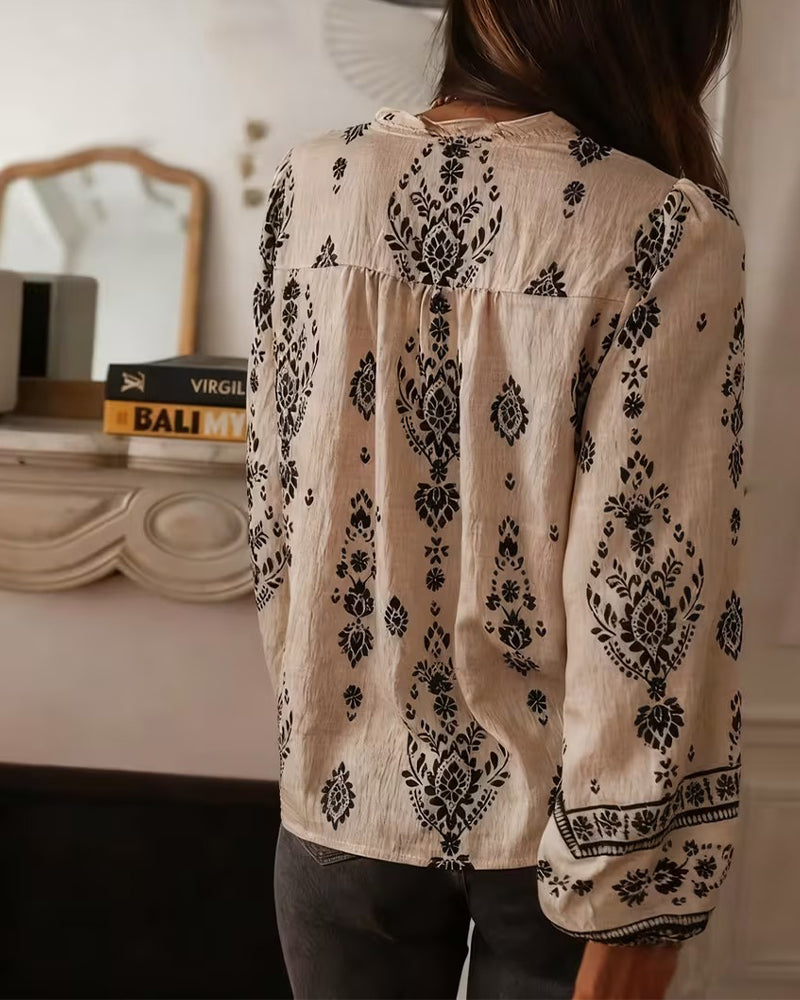 Floral Print Elegant Long-Sleeved Blouse
