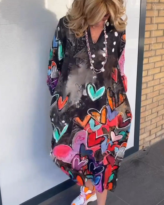 V neck heart print long sleeve dress
