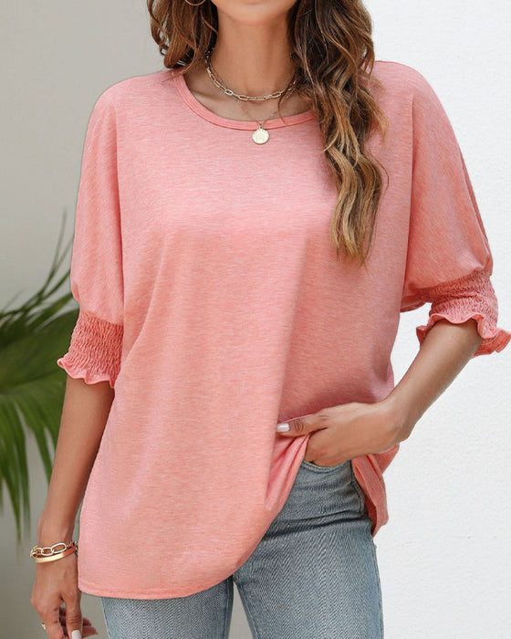 Round neck pleat half-sleeve top