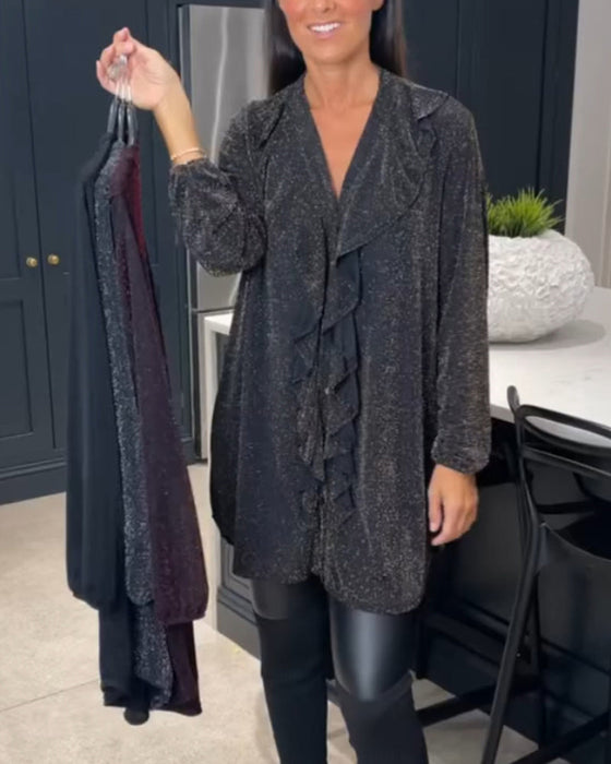 Spliced ruffled v-neck top