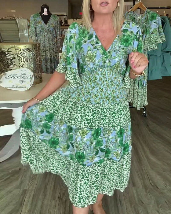 V-Neck Lotus Sleeve Floral Dress