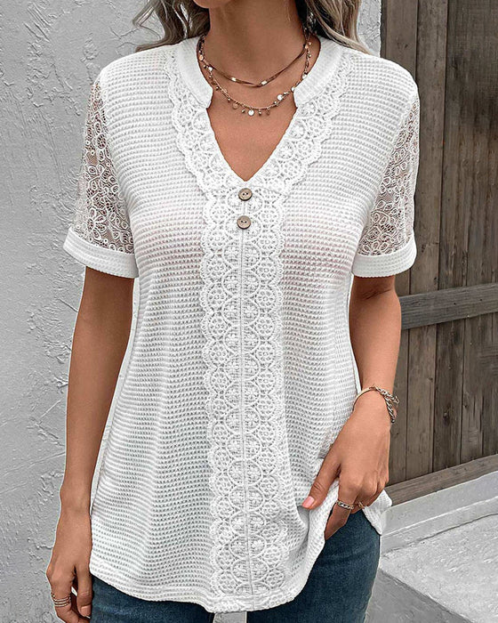 Solid color v-neck lace T-shirt