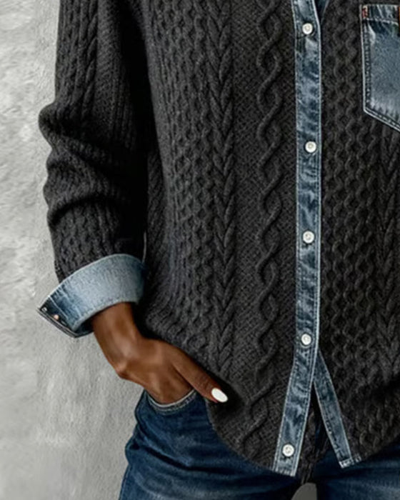 Long-Sleeved Denim Patchwork Shirt