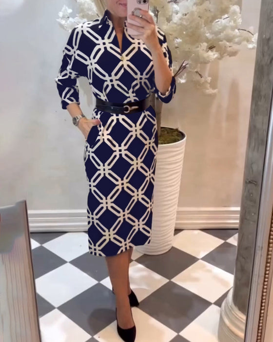 Geometric print side slit elegant dress