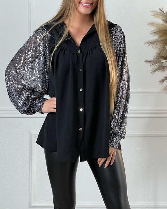 Patchwork sequined button-down shirt