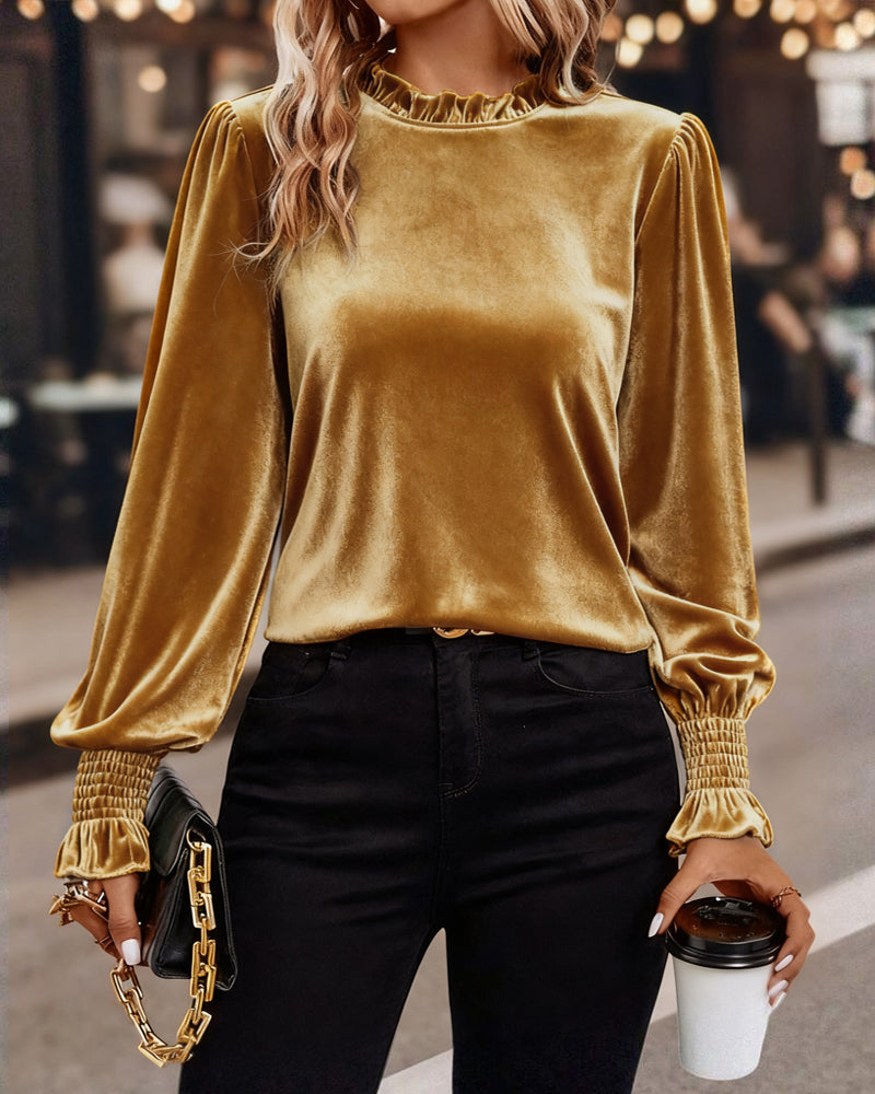 Ruffled Velvet Long Sleeve Top
