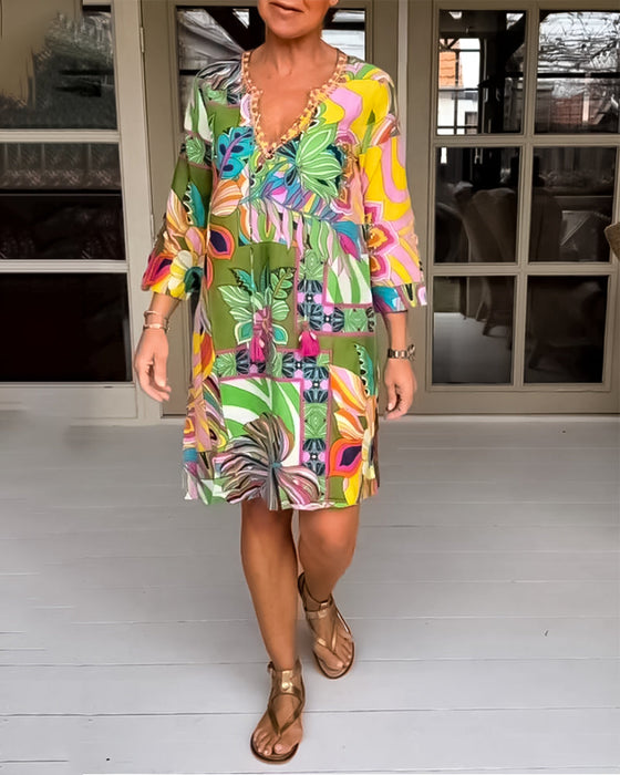 Flower and grass print casual dress