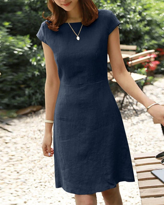 Cotton and linen solid color  short-sleeved dress