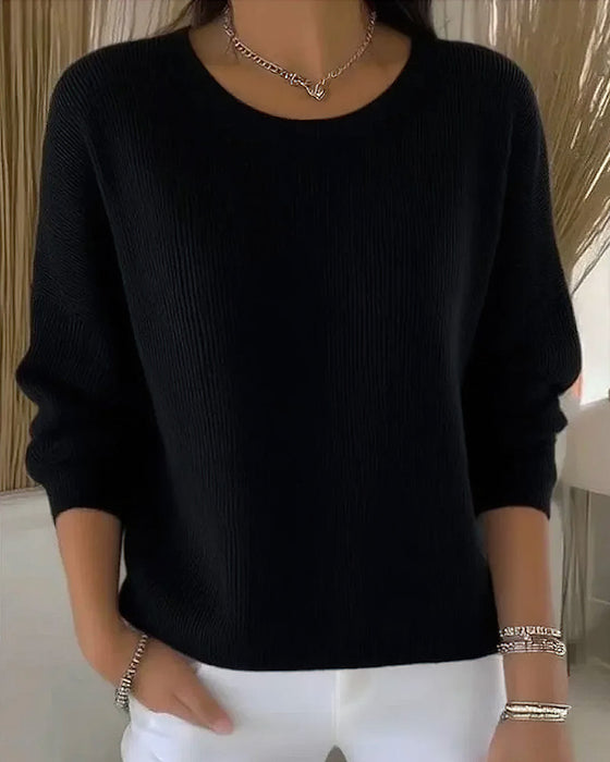 Solid Round Neck Drop Shoulder Sweater