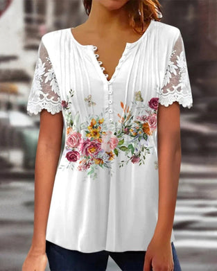 Floral Print Lace T-shirt with Short Sleeves