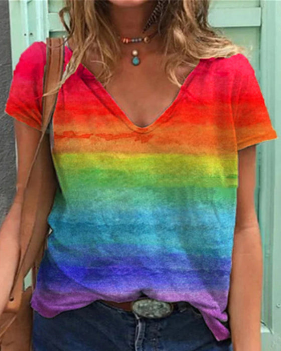 Casual v-neck rainbow print short-sleeved t-shirt