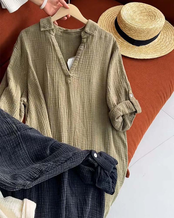 Lapel Solid Color Simple Long Sleeve Dress