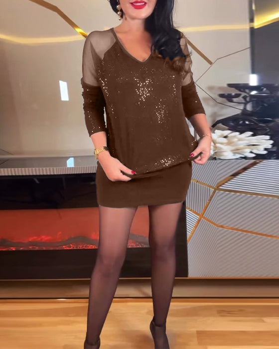 Sexy V-Neck Mesh And Solid Color Sequin Top