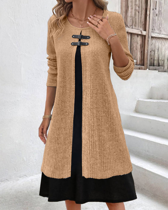 Patchwork rib long sleeve dress