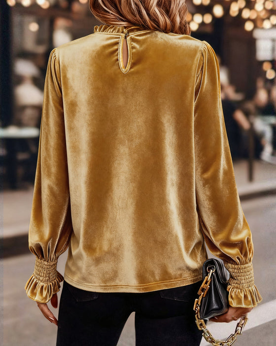 Ruffled Velvet Long Sleeve Top