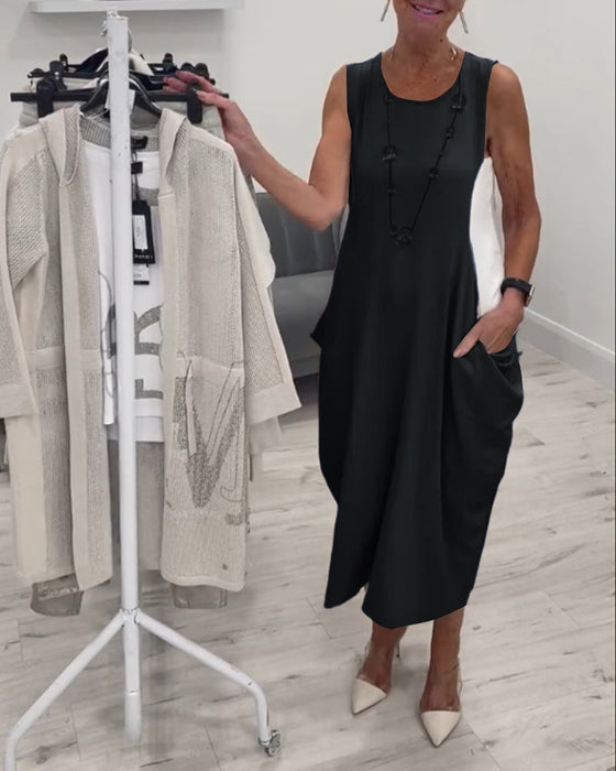 Fashionable sleeveless pocket patchwork dress