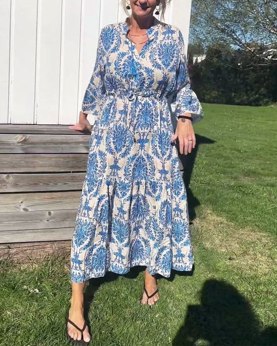 Printed bell sleeve drawstring dress