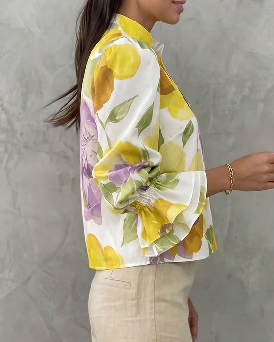 Watercolor Large Floral Long-Sleeve Stand-Collar Blouse