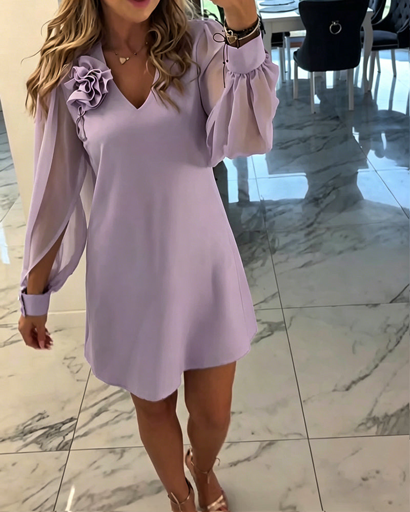 Three-Dimensional Flower V-Neck Lantern Sleeve Dress