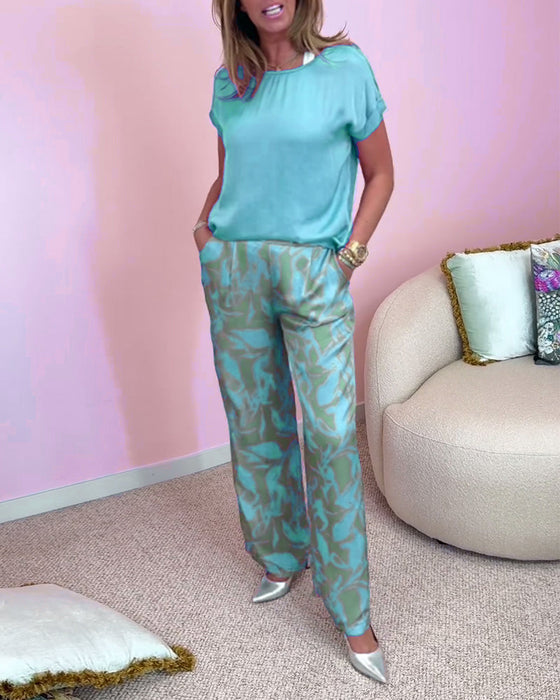 Casual printed short sleeve pocketed set