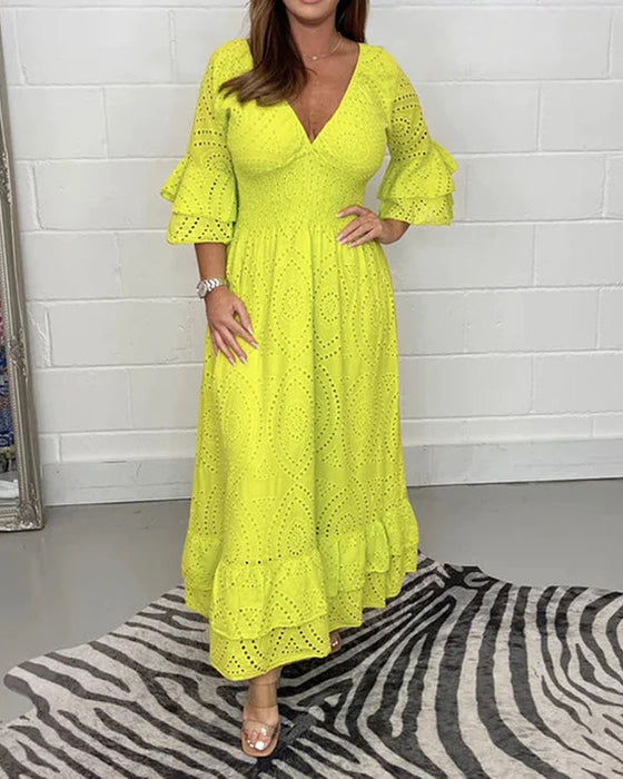 Loose solid color v neck high waist dress